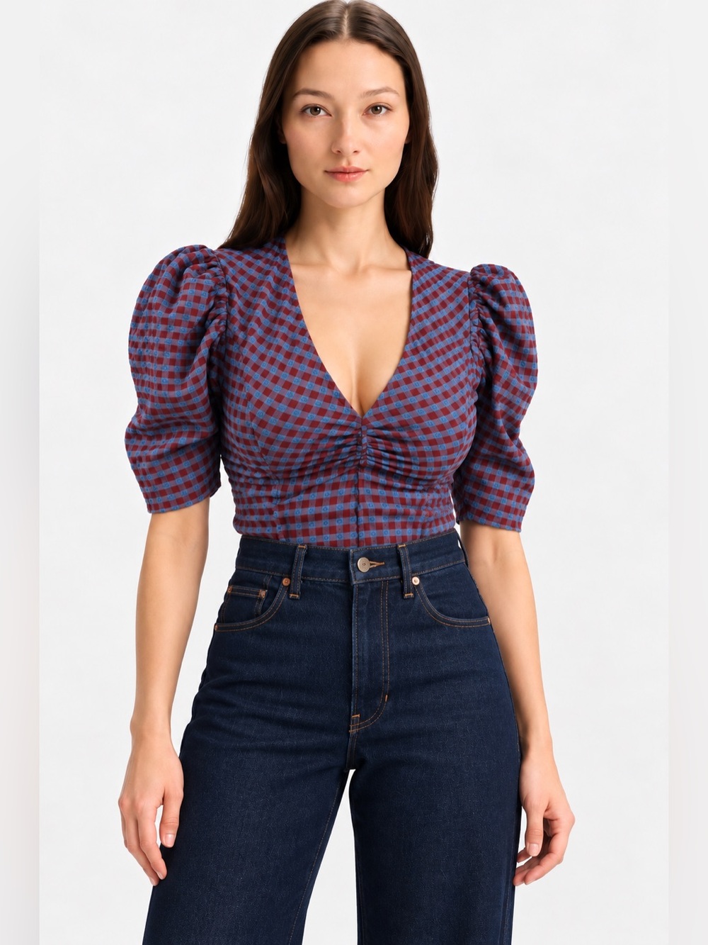 Ganni Seersucker Blue and Burgundy Check V-Neck Puff Sleeve Top retailed $255
